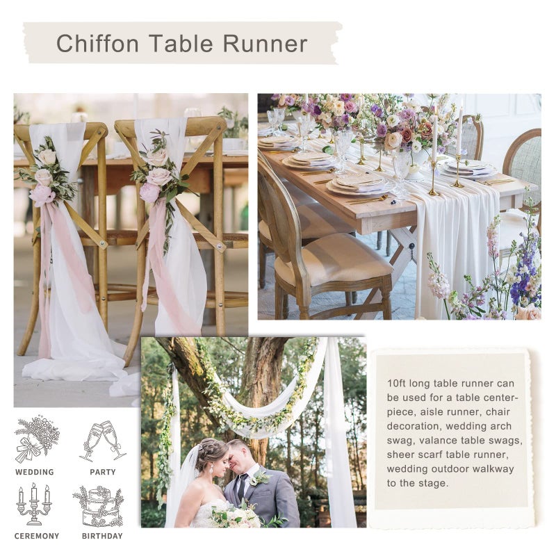 SoarDream White Chiffon Table Runner 2 Packs 27x120 Inches Romantic Rustic Wedding Table Runner 10ft Long Table Runners for Bridal Shower Decorations - Image 4